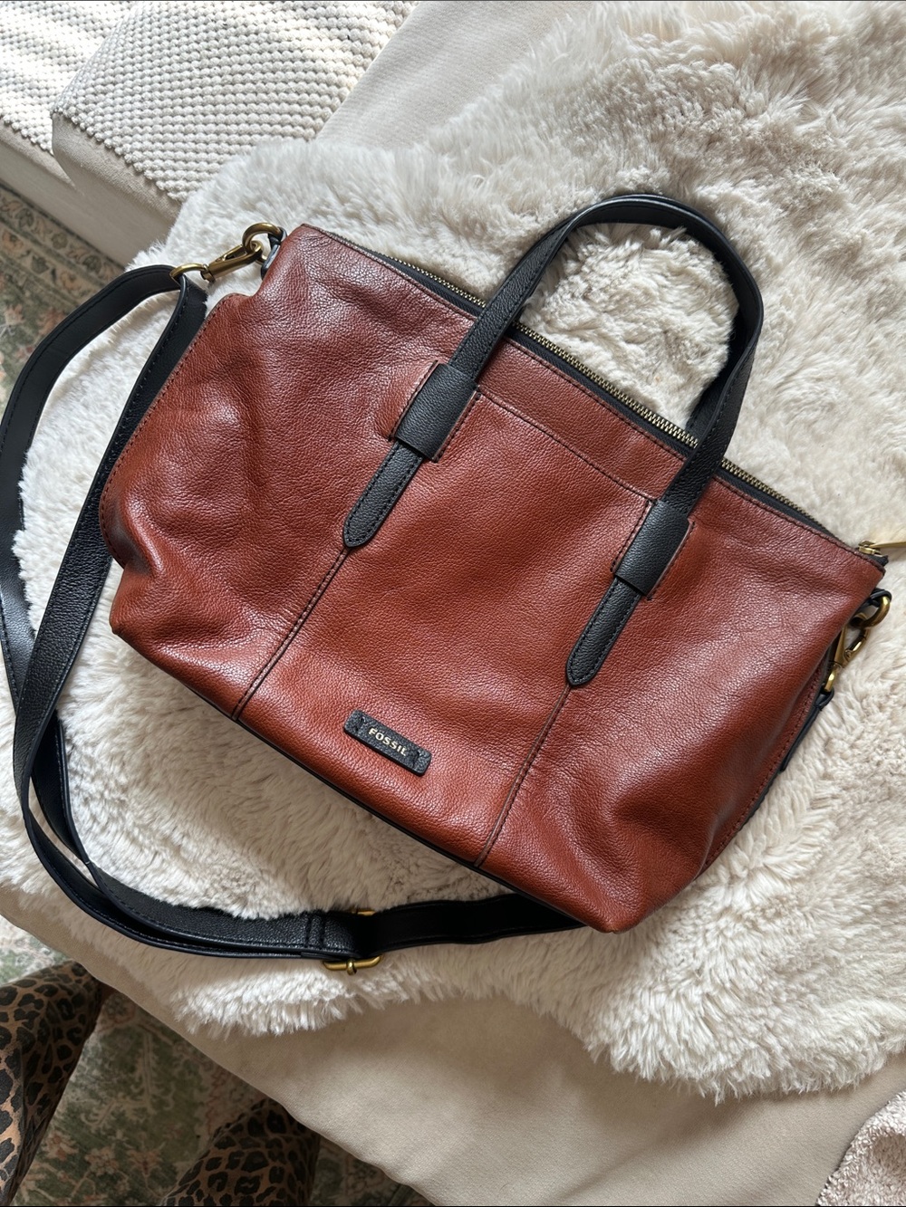 Fossil Brown Leather Tote with Black Handles